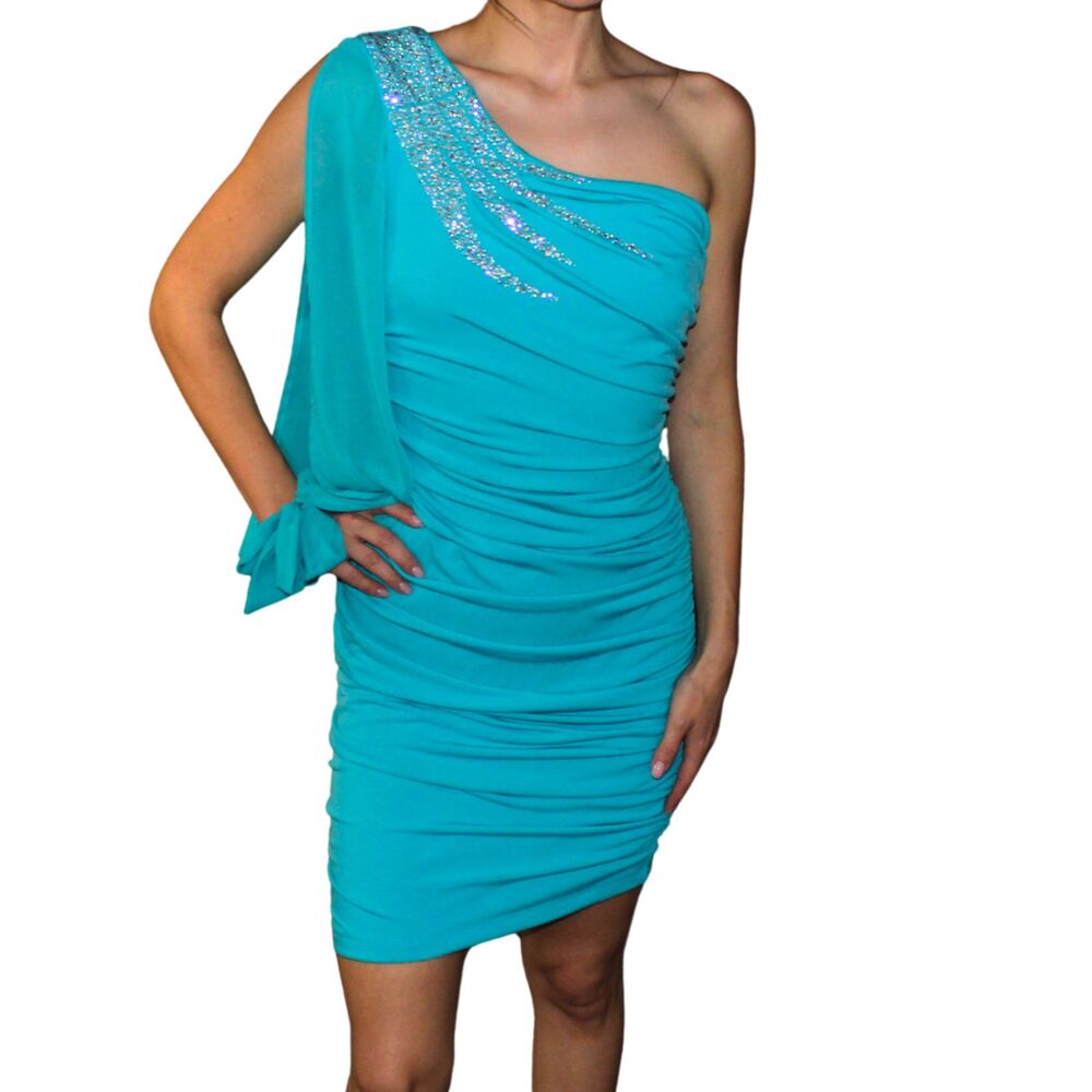 One Shoulder Teal Rhinestone Dress M Ruched Bodycon Asymmetrical Sleeve